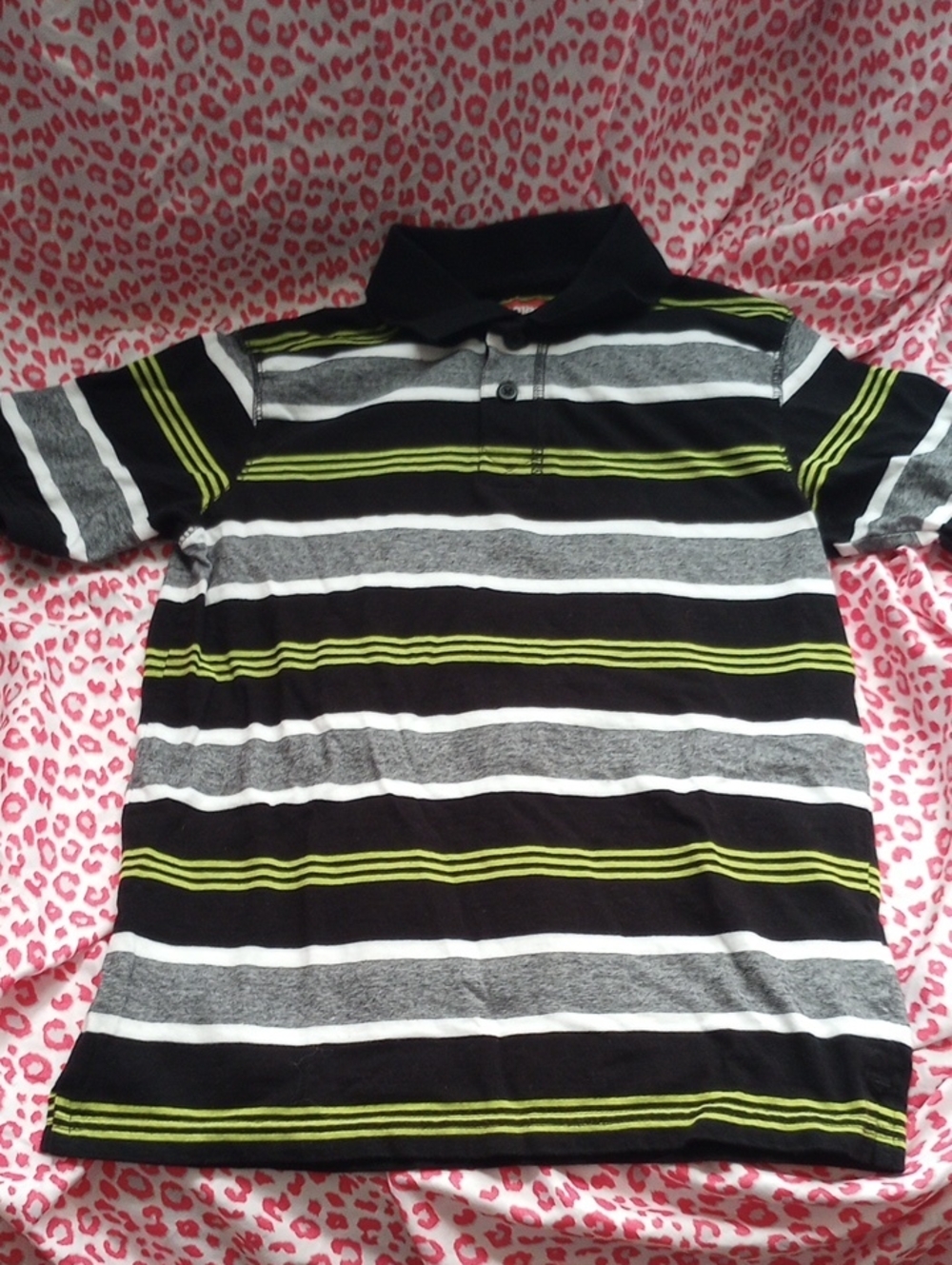 Wrangler Black, Gray & White Striped Polo with Lime Accents